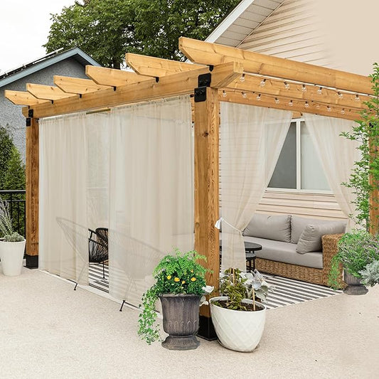 HolidayIdeas All Weather Outdoor Patio Sheer Curtains 6 Pcs Linen Look Rod Pocket Sheer Outdoor Curtains for Porch, Balcony, Gazebo, Pergolas, Cabana, Linen, 54x120 Inch