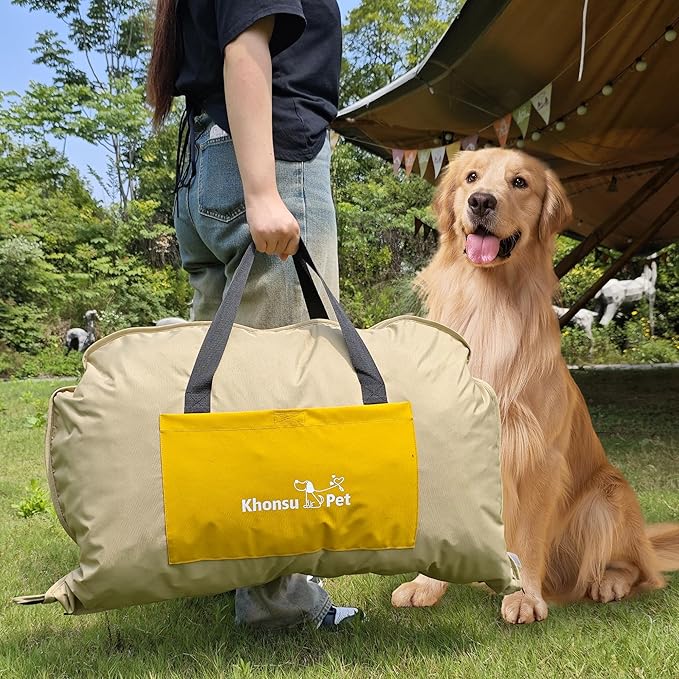 Portable Waterproof Dog Mat for Camping, Patio & Travel - Foldable Outdoor Dog Bed with Teflon Shell & Removable Plush Pad - Easy Clean, Durable - M (Lemon Yellow)
