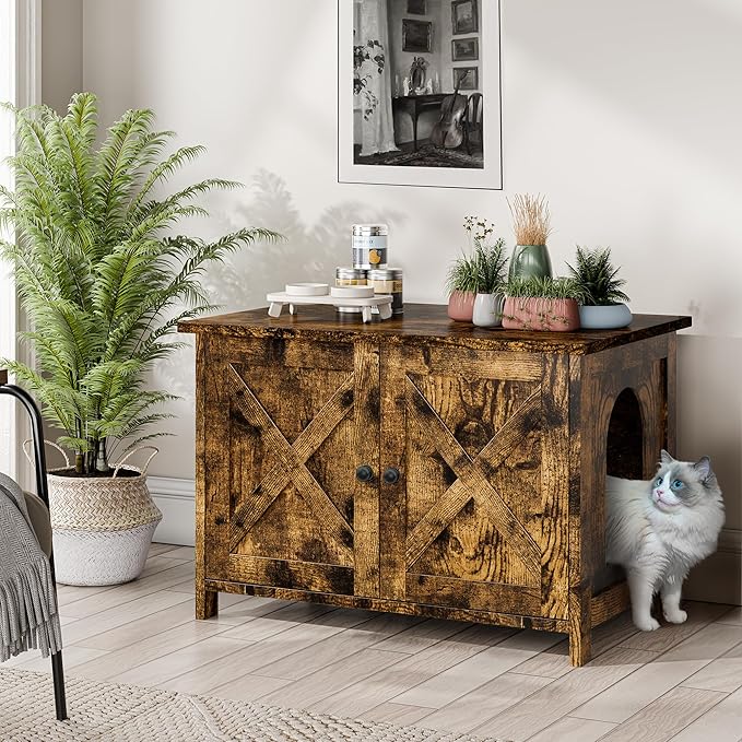 JY QAQA Cat Litter Box Enclosure,Litter Box Furniture Hidden with Barn Door,Wooden Cat Washroom Furniture,Cat House,Fit Most of Litter Box,Brown