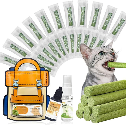 Cat Grass Sticks(125g/4.41oz) | Cat Dental Sticks for for Hairball Remedy and 60% Plaque Reduction | Natural Cat Grass Teeth Cleaning Chews for Indoor Cats | with Free Salmon Oil & Catnip Spray
