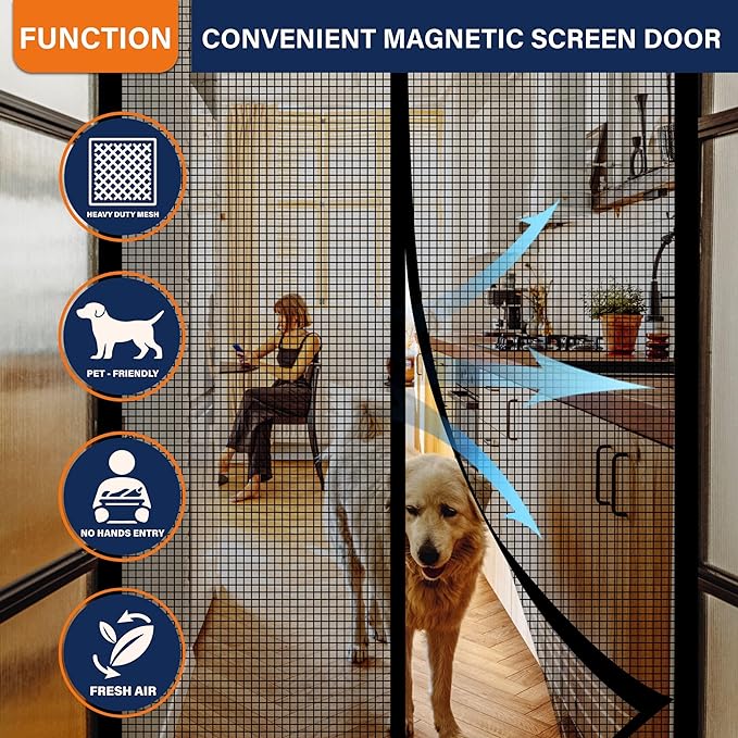 Magnetic Screen Door，Fiberglass Screen Door Mesh，Keep Bugs Out, Heavy-Duty Mesh Curtain,Pet and Kid Friendly, Works with Front Doors, Sliding Doors（36x80 Inch Fiberglass