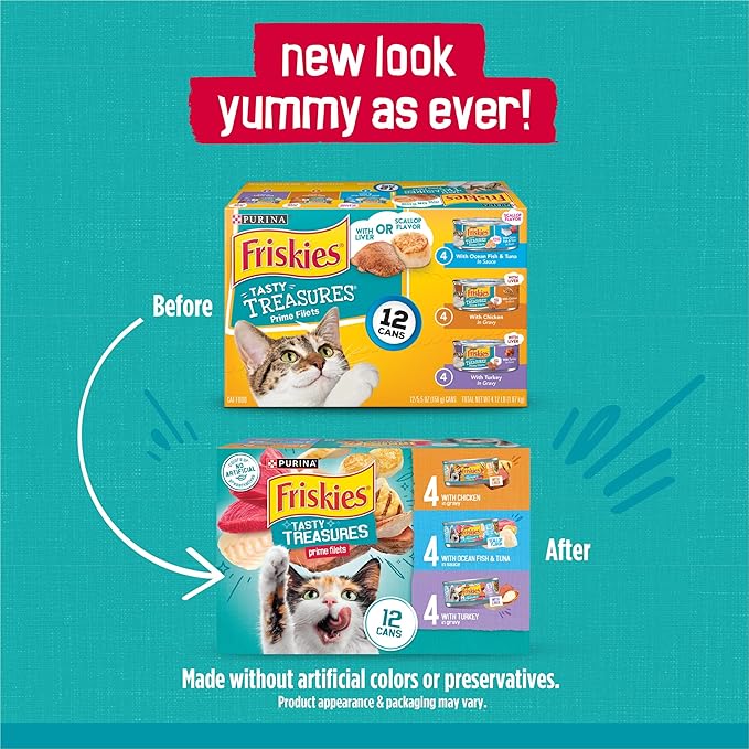 Purina Friskies Wet Cat Food Variety Pack, Tasty Treasures Prime Filets (With Ocean Fish and Tuna, With Chicken and With Turkey) - (Pack of 12) 5.5 oz. Cans