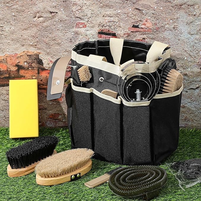 Abbylike 12 Pieces Horse Grooming Kit with Organizer Tote Bag Tack Room Supplies Horse Brush Sets Equine Care Cleaning Kit Shedding Grooming Massaging Tools(Khaki)
