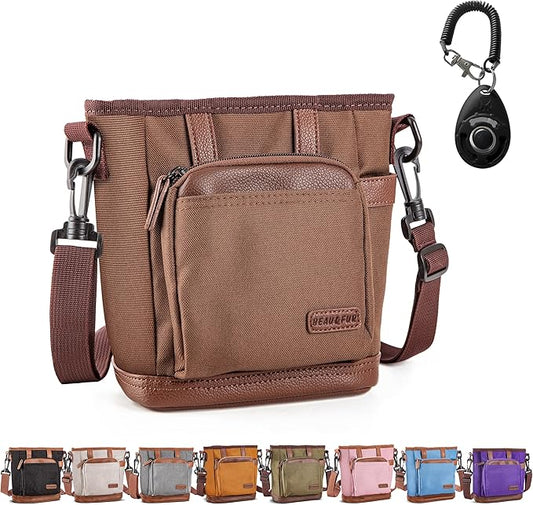 BEAU&FUR Large Dog Treat Pouch with Clicker for Training – 4 Cup Capacity, Built-in Poop Bag Dispenser, Expandable Pocket, Metal Buckle, Large Back Pocket, Ideal for Walks and Training – Dark Brown