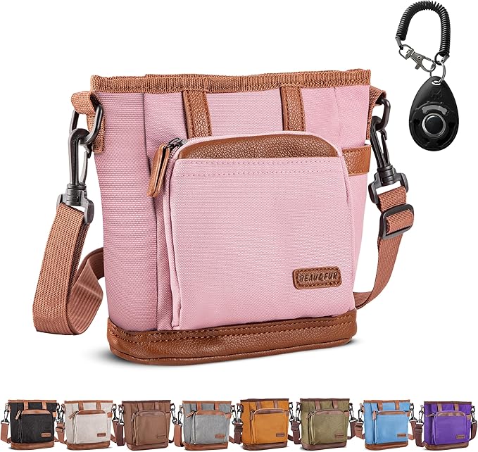 BEAU&FUR Large Dog Treat Pouch with Clicker for Training – 4 Cup Capacity, Built-in Poop Bag Dispenser, Expandable Pocket, Metal Buckle, Large Back Pocket, Ideal Design for Walks and Training – Pink