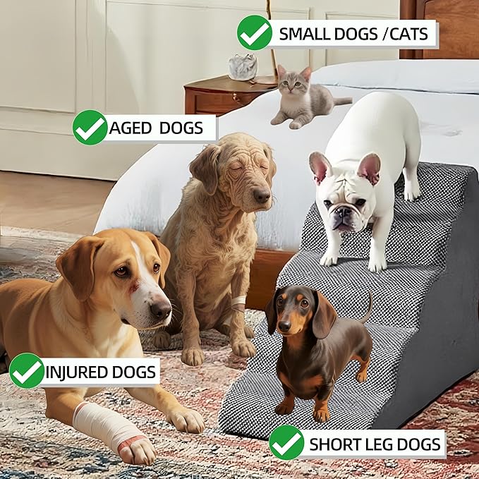 4 Step Pet Stairs Ramp for High Beds Sofas 18-24 Inch with Sturdy Non Slip Waterproof Pads, Machine Washable Cover Indoor Balanced Design for Cats Dogs Small Medium Large XL Pets Grey