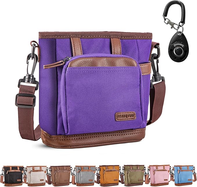 BEAU&FUR Large Dog Treat Pouch with Clicker for Training – 4 Cup Capacity, Built-In Poop Bag Dispenser, Expandable Pocket, Metal Buckle, Large Back Pocket, Ideal Design for Walks and Training – Purple