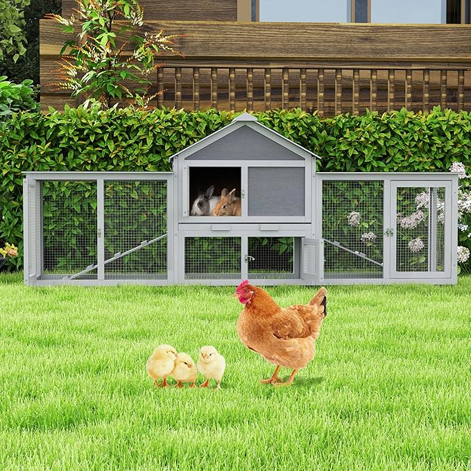 82.5” Large Wooden Rabbit Hutch Outdoor Easy to Assemble Rabbit Cage and Durable Bunny Hutch Indoor with Cleaning Tray & Waterproof Roof for Small and Medium Bunny Rabbit Chick (Grey)