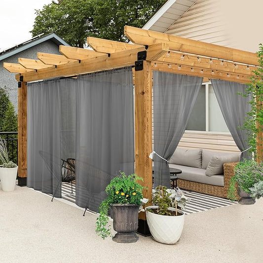HolidayIdeas All Weather Outdoor Patio Curtains 8 Pcs Linen Look Rod Pocket Sheer Outdoor Curtains for Porch, Balcony, Gazebo, Pergolas, Cabana, Grey, 54x95 Inch
