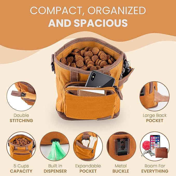 BEAU&FUR Large Dog Treat Pouch with Clicker for Training – 4 Cup Capacity, Built-in Poop Bag Dispenser, Expandable Pocket, Metal Buckle, Large Back Pocket, Ideal for Walks and Training – Light Brown