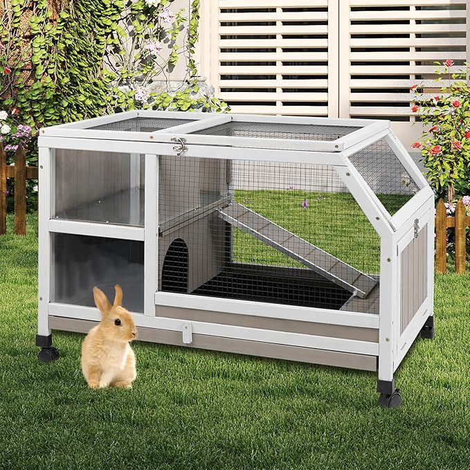 36''L Rabbit Hutch Outdoor with Casters and Run, Wooden Indoor 2 Story Guinea Pig Cage with Divider Panel, Pull Out Tray, Rabbit Duck Bunny House for Small to Medium Animals and Pet Lover, Gray