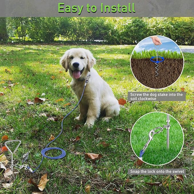 Evilplan Dog Tie Out Cable and Stake, 20ft Outside Dog Leash&Chain for Camping and Yard, 16'' Heavy Duty Anti Rust Spiral Stake for Medium-Large Dogs Up to 125 lbs (20FT, Blue)