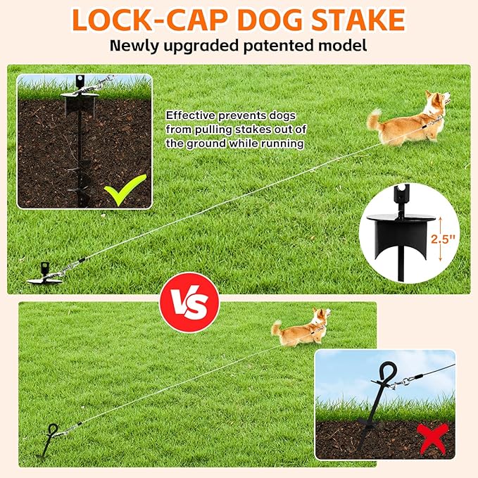 Snagle Paw Dog Tie Out Cable & Stake with Lock Cap - 20ft Heavy Duty Rust Proof Cable, 360° Swivel Dog Yard Leash & Stake Up to 220 lbs - Ground Anchor for Yard, Beach, Camping & Outdoor Use
