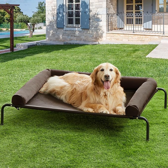 RRPETHOME Large Elevated Cooling Dog Bed, Raised Dog Cot Beds for Large Dogs, Elevated Outdoor Pet Cot, Chew Proof Portable Cooling Pet Cot with Skid-Resistant Feet and Breathable Mesh