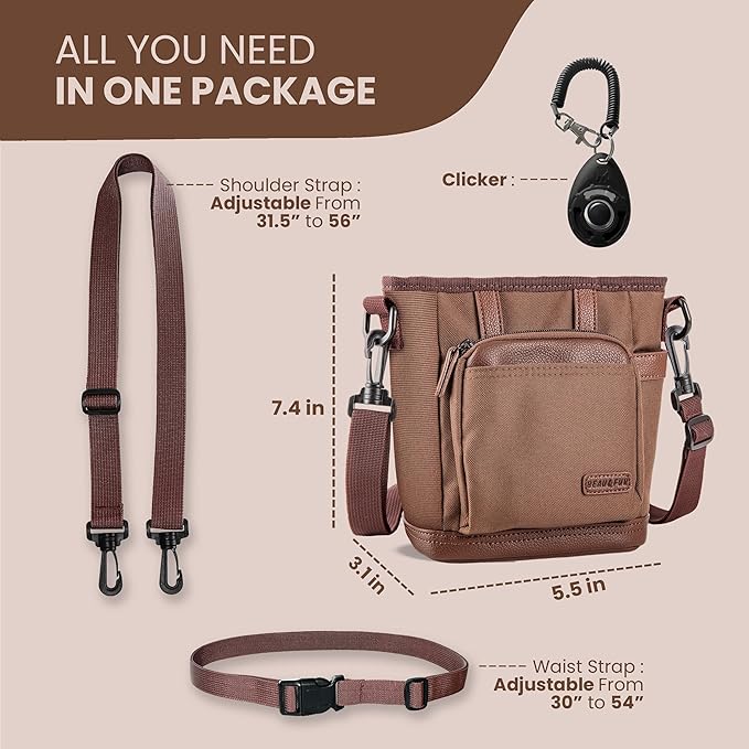 BEAU&FUR Large Dog Treat Pouch with Clicker for Training – 4 Cup Capacity, Built-in Poop Bag Dispenser, Expandable Pocket, Metal Buckle, Large Back Pocket, Ideal for Walks and Training – Dark Brown
