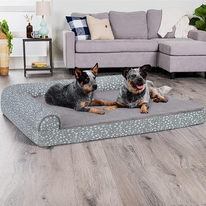 Furhaven Cooling Gel Dog Bed for Large Dogs w/ Removable Bolsters & Washable Cover, For Dogs Up to 125 lbs - Plush & Almond Print L Shaped Chaise - Gray Almonds, Jumbo Plus/XXL