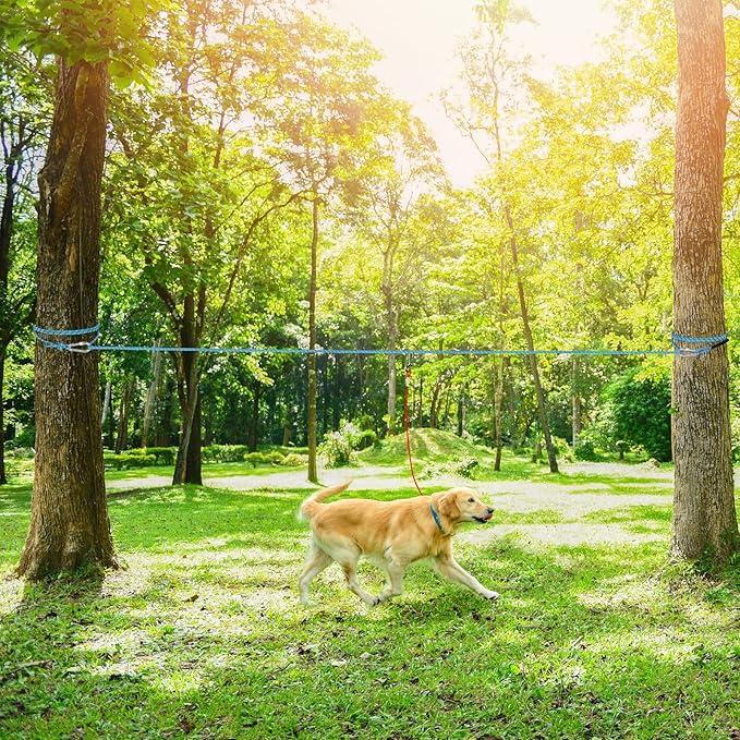 Tresbro Dog Camping Leash, 50ft/75ft/100ft Trolley System for Dogs up to 300lbs, Portable Lightweight Runner Lead for Yard, Reflective Tie Out Cable for Camping, Courtyard, Park, Outside