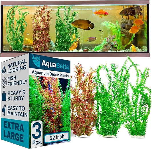 3PCS Artificial Aquarium Plants Set Extra Large - Big Natural Looking Plastic Decoration for Fish, Axolotl and Turtle Tanks – Tall Realistic Tank, Swamp and Pond Fake Plant Decorations.