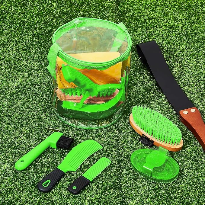 9 Pieces Horse Grooming Kit Tack Room Supplies Set with Organizer Tote Bag, Oval Massage Curry, Hard and Soft Brush, Hoof Pick, Sweat Scraper, Bathing Sponge, Combs for Horse Riders Beginners (Green)