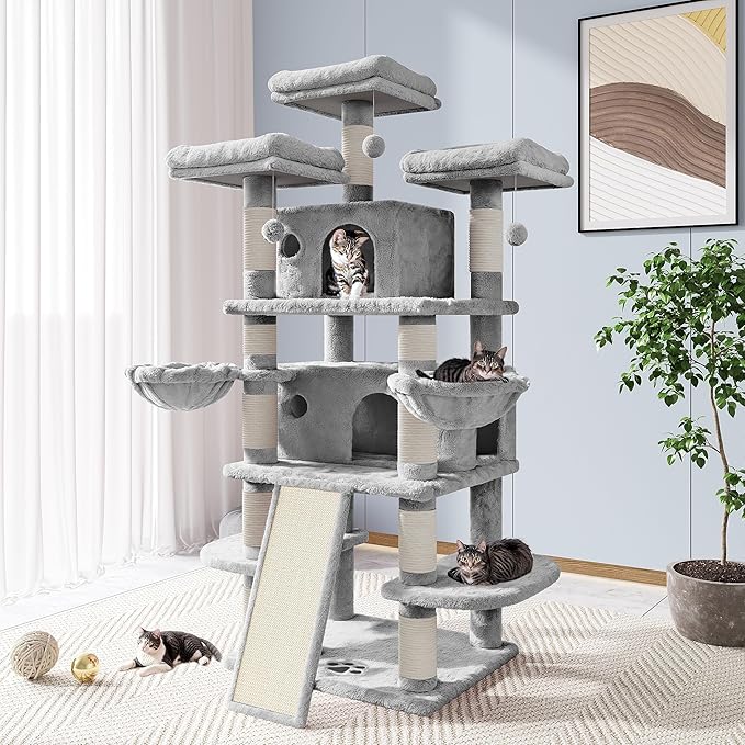 Allewie 68 Inches Cat Tree/House and Towers for Big Feline/Scratching Post/Multi-Level Large Kitty Climbing Tree with Condo/Light Grey