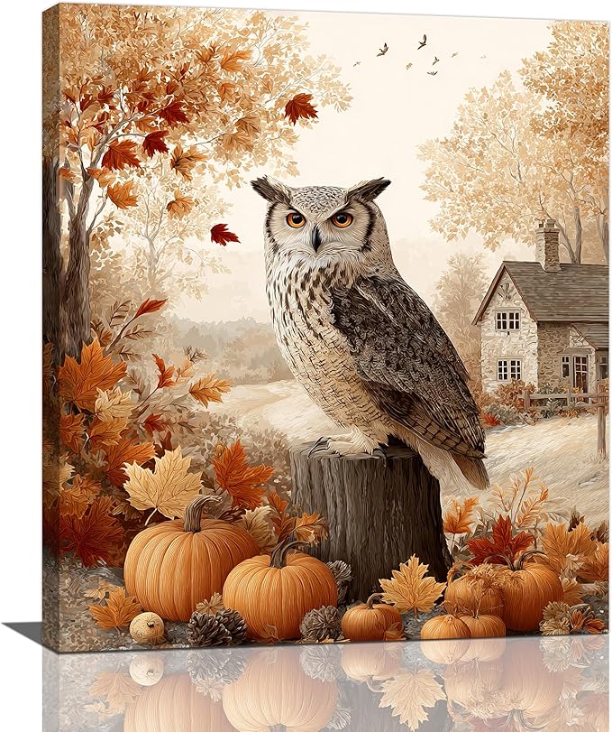 Fall Owl Wall Art Autumn Pumpkin Leaves Wall Decor Rustic Canvas Print Farmhouse Pictures Painting Print Framed Artwork Decorations Gifts for Living Room Bathroom Bedroom Office 20"x24"