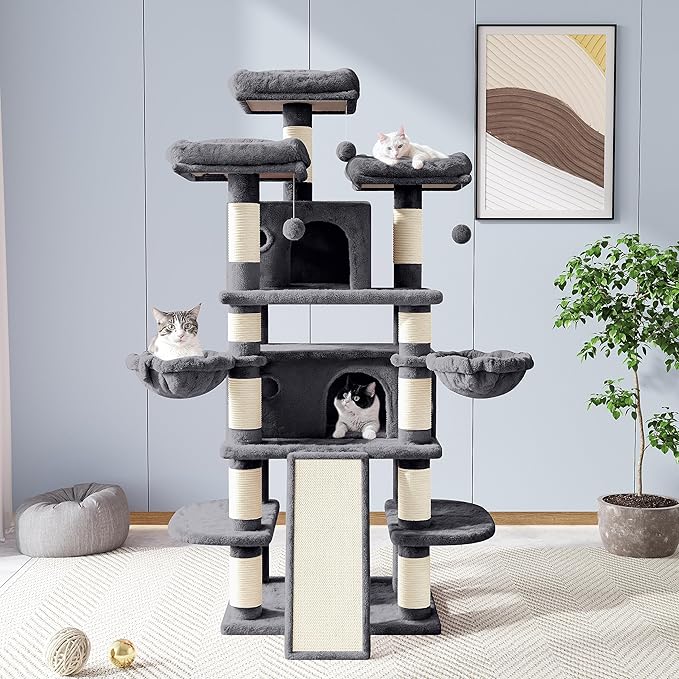 Allewie 68 Inches Cat Tree/House and Towers for Big Feline/Scratching Post/Multi-Level Large Kitty Climbing Tree with Condo/Smokey Grey