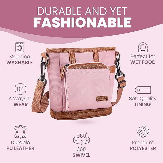 BEAU&FUR Large Dog Treat Pouch with Clicker for Training – 4 Cup Capacity, Built-in Poop Bag Dispenser, Expandable Pocket, Metal Buckle, Large Back Pocket, Ideal Design for Walks and Training – Pink