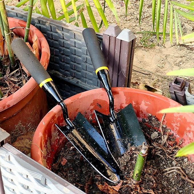 2-in-1 Trowel and Transplanter Gardening Tool Set, Outdoor Hand Tools, with Non-Slip Handle and Protective Blade Covers, Ideal Gardening Gifts for All (Black)