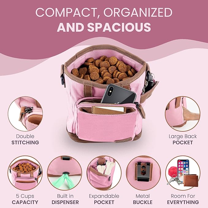 BEAU&FUR Large Dog Treat Pouch with Clicker for Training – 4 Cup Capacity, Built-in Poop Bag Dispenser, Expandable Pocket, Metal Buckle, Large Back Pocket, Ideal Design for Walks and Training – Pink