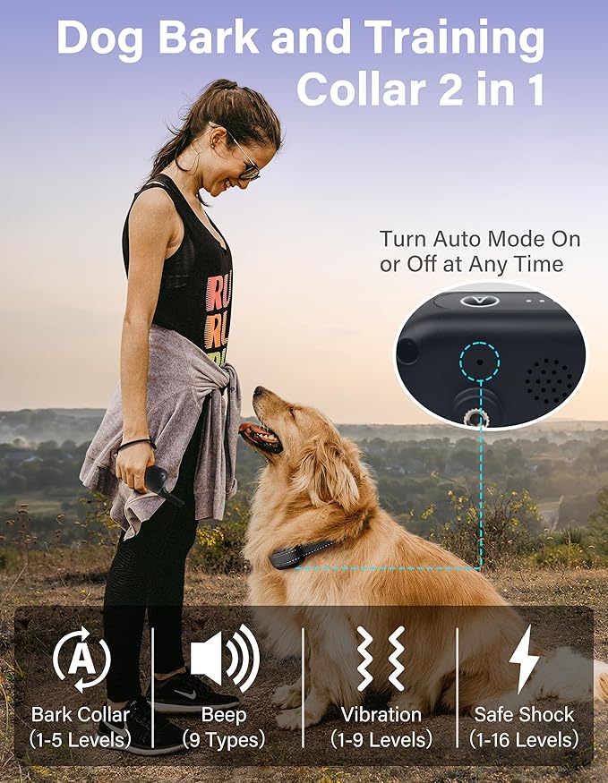 PaiPaitek Bark Collar with Remote and Automatic Mode - 3300ft Range Bark and Training Collar Combo, Shock Collar for Dogs 40-151 lbs Waterproof & Rechargeable
