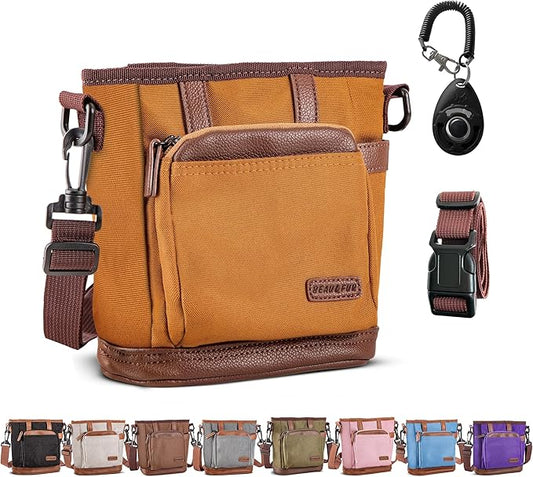 BEAU&FUR Large Dog Treat Pouch with Clicker for Training – 4 Cup Capacity, Built-in Poop Bag Dispenser, Expandable Pocket, Metal Buckle, Large Back Pocket, Ideal for Walks and Training – Light Brown